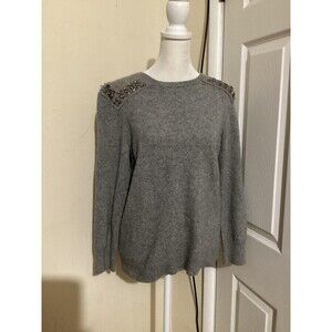 J Crew Sweater Womens Medium Gray Wool Cashmere Embellished Shoulder Pullover